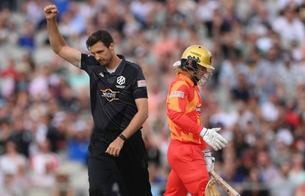 Steven Finn celebrates after taking the wicket of Phoenix batter Miles Hammond action during the Hundred match between Manchester Originals and...