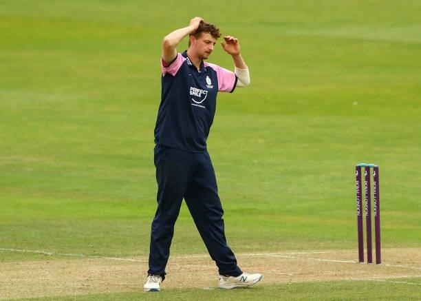 Luke Hollman of Middlesex reacts during the Royal London Cup match between Essex and Middlesex at Cloudfm County Ground on July 25, 2021 in...