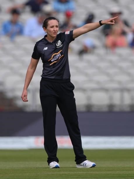 Originals bowler Kate Cross in action during the Hundred match between Manchester Originals and Birmingham Phoenix at Emirates Old Trafford on July...
