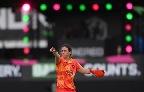 Georgia Elwiss of the Phoenix sets her field during the Hundred match between Manchester Originals and Birmingham Phoenix at Emirates Old Trafford on...