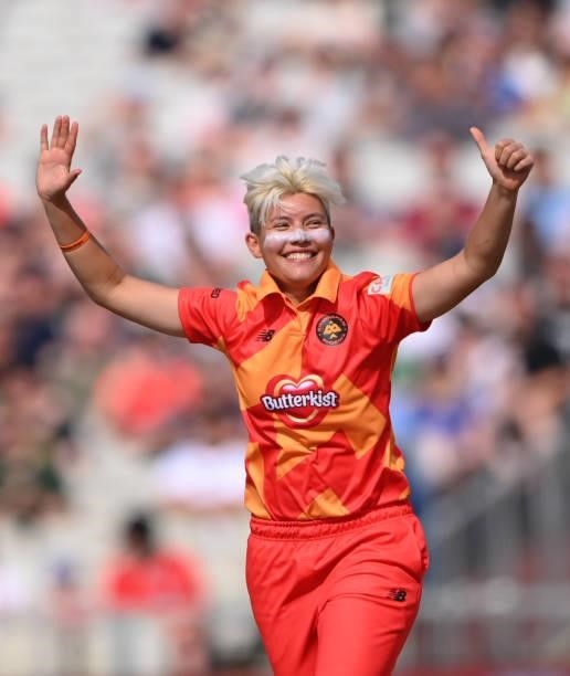 Issy Wong of the Phoenix celebrates a wicket during the Hundred match between Manchester Originals and Birmingham Phoenix at Emirates Old Trafford on...