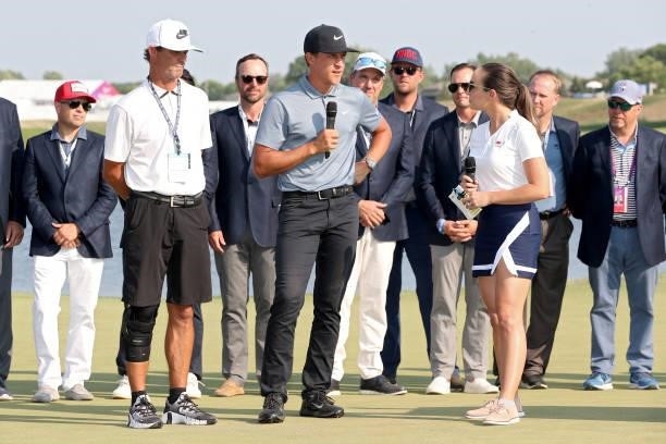 Cameron Champ speaks to the crowd after winning the 3M Open at TPC Twin Cities on July 25, 2021 in Blaine, Minnesota.