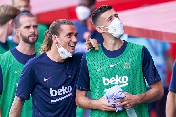 Antoine Griezmann and Clement Lenglet of FC Barcelona prior a friendly match between FC Barcelona and Girona FC at Estadi Johan Cruyff on July 24,...