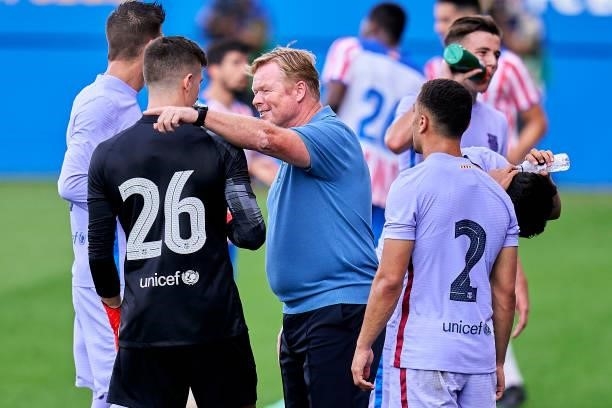 Ronald Koeman, head coach of of FC Barcelona gives instructions during cooling break during a friendly match between FC Barcelona and Girona FC at...