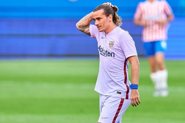 Antoine Griezmann of FC Barcelona reacts during a friendly match between FC Barcelona and Girona FC at Estadi Johan Cruyff on July 24, 2021 in...