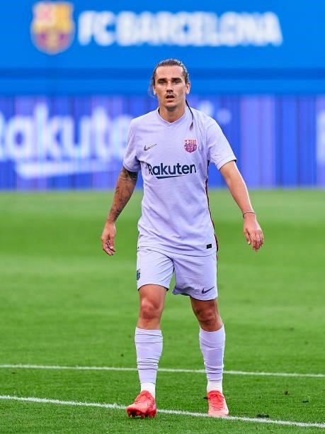 Antoine Griezmann of FC Barcelona looks on during a friendly match between FC Barcelona and Girona FC at Estadi Johan Cruyff on July 24, 2021 in...