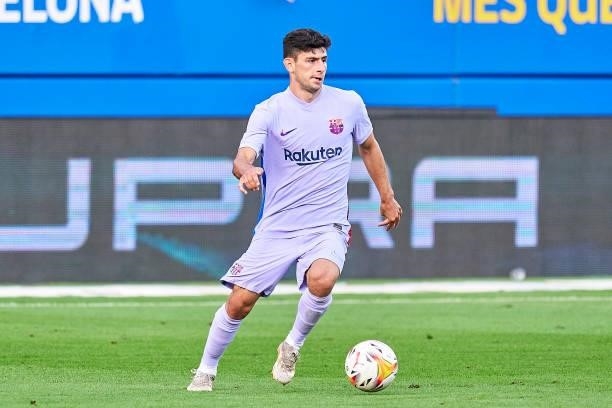 Yusuf Demir of FC Barcelona with the ball during a friendly match between FC Barcelona and Girona FC at Estadi Johan Cruyff on July 24, 2021 in...