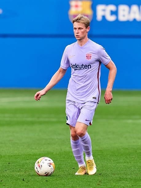 Frenkie De Jong of FC Barcelona with the ball during a friendly match between FC Barcelona and Girona FC at Estadi Johan Cruyff on July 24, 2021 in...
