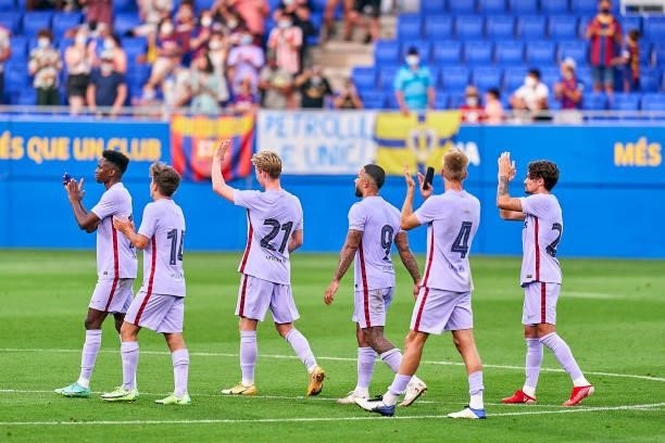 Players of FC Barcelona acknowledge the supporters at the end of the match between FC Barcelona and Girona FC at Estadi Johan Cruyff on July 24, 2021...