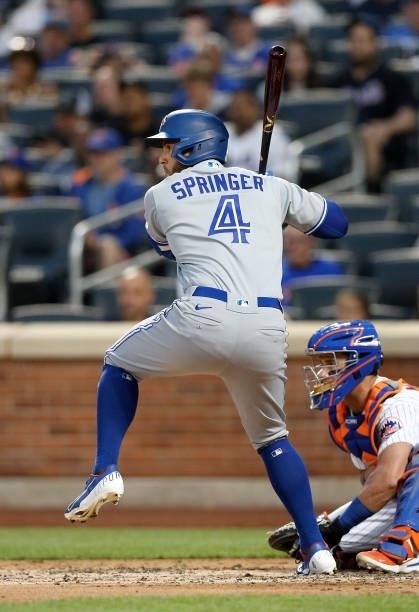 George Springer of the Toronto Blue Jays in action against the New York Mets at Citi Field on July 23, 2021 in New York City. The Mets defeated the...