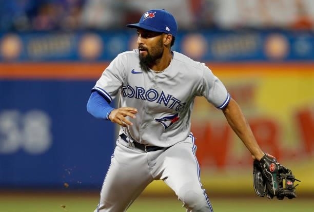 Marcus Semien of the Toronto Blue Jays in action against the New York Mets at Citi Field on July 23, 2021 in New York City. The Mets defeated the...