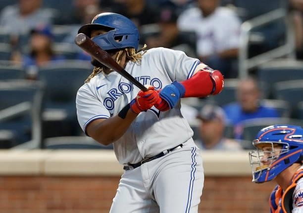 Vladimir Guerrero Jr. #27 of the Toronto Blue Jays in action against the New York Mets at Citi Field on July 23, 2021 in New York City. The Mets...