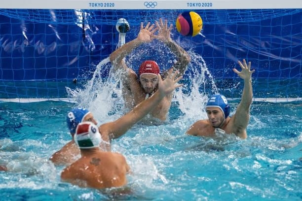 Emmanouil Zerdevas of Team Greece defends the goal during the Men's Preliminary Round Group A match between Hungary and Greece on day two of the...
