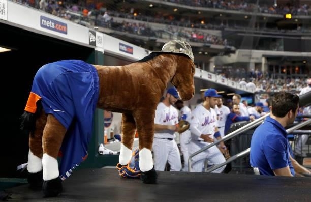 Stuffed horse is seen at the New York Mets dugout during a game against the Toronto Blue Jays at Citi Field on July 23, 2021 in New York City.