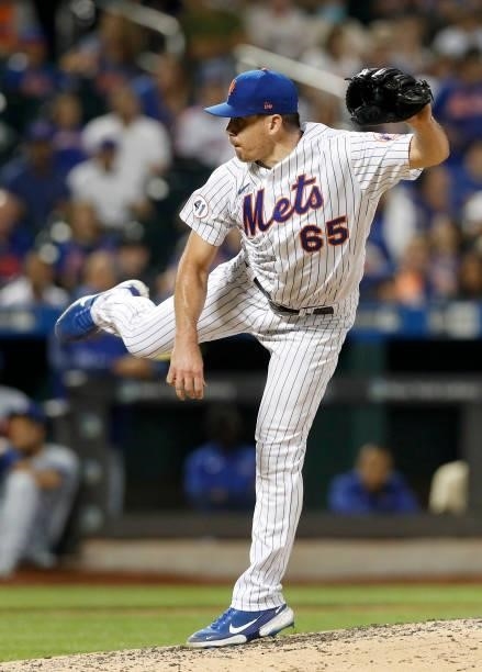 Trevor May of the New York Mets in action against the Toronto Blue Jays at Citi Field on July 23, 2021 in New York City. The Mets defeated the Blue...