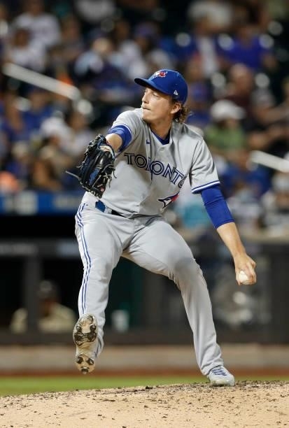 Ryan Borucki of the Toronto Blue Jays in action against the New York Mets at Citi Field on July 23, 2021 in New York City. The Mets defeated the Blue...