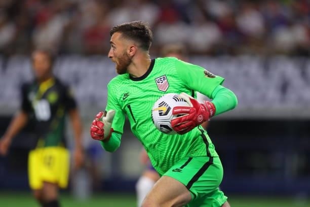 Goalkeeper Matt Turner of United States stops the ball during the quarterfinal match between United States and Jamaica as part of 2021 CONCACAF Gold...