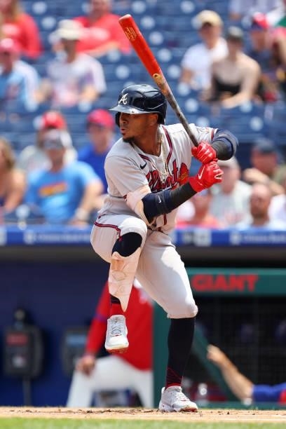 Ozzie Albies of the Atlanta Braves in action against the Philadelphia Phillies during a game at Citizens Bank Park on July 25, 2021 in Philadelphia,...