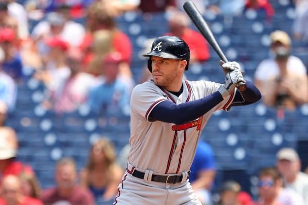 Freddie Freeman of the Atlanta Braves in action against the Philadelphia Phillies during a game at Citizens Bank Park on July 25, 2021 in...