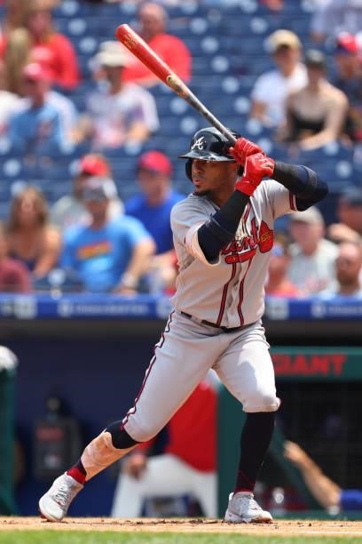 Ozzie Albies of the Atlanta Braves in action against the Philadelphia Phillies during a game at Citizens Bank Park on July 25, 2021 in Philadelphia,...
