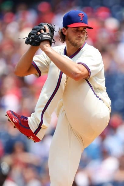 Pitcher Aaron Nola of the Philadelphia Phillies delivers a pitch against the Atlanta Braves during the first inning of a game at Citizens Bank Park...