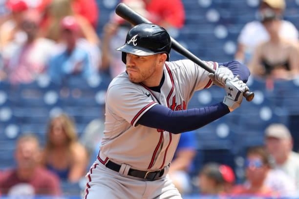 Freddie Freeman of the Atlanta Braves in action against the Philadelphia Phillies during a game at Citizens Bank Park on July 25, 2021 in...