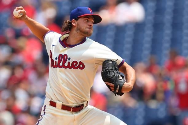 Pitcher Aaron Nola of the Philadelphia Phillies delivers a pitch against the Atlanta Braves during the first inning of a game at Citizens Bank Park...