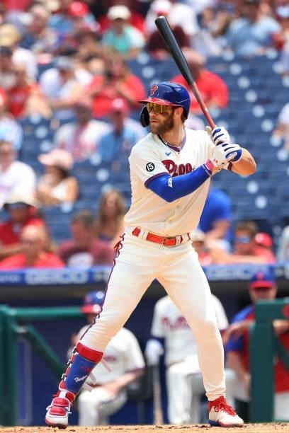 Bryce Harper of the Philadelphia Phillies in action against the Atlanta Braves during a game at Citizens Bank Park on July 25, 2021 in Philadelphia,...