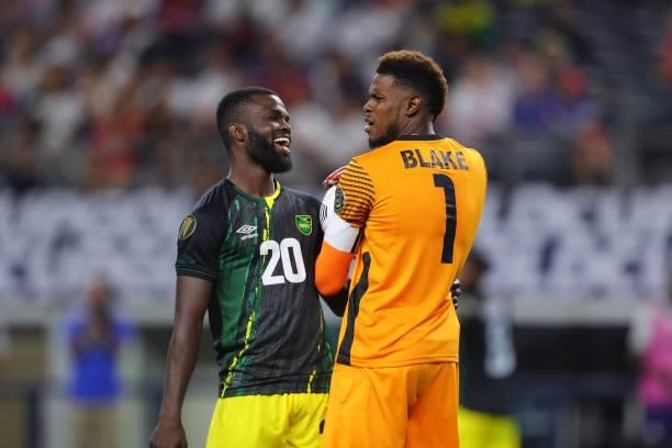 Goalkeeper of Jamaica Andre Blake and Kemar Lawrence smiles during the quarterfinal match between United States and Jamaica as part of 2021 CONCACAF...