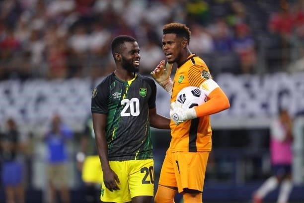 Goalkeeper of Jamaica Andre Blake and Kemar Lawrence smiles during the quarterfinal match between United States and Jamaica as part of 2021 CONCACAF...
