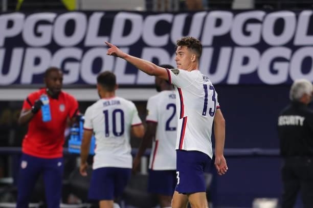 Matthew Hoppe of United States celebrates after scoring his team's first goal during the quarterfinal match between United States and Jamaica as part...