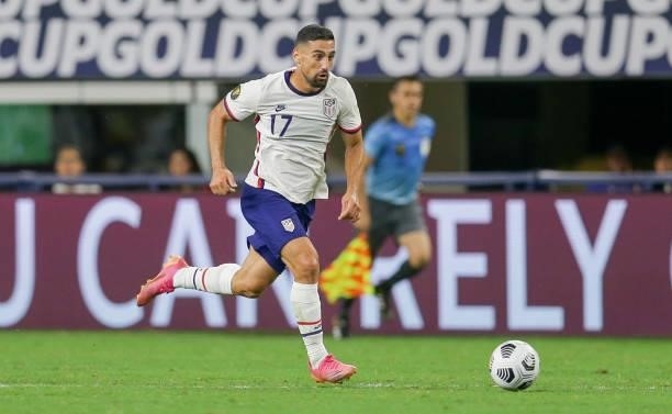 Sebastian Lletget of the United States moves towards the box during a game between Jamaica and USMNT at AT&T Stadium on July 25, 2021 in Dallas,...