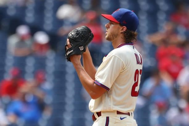 Aaron Nola of the Philadelphia Phillies in action against the Atlanta Braves during a game at Citizens Bank Park on July 25, 2021 in Philadelphia,...