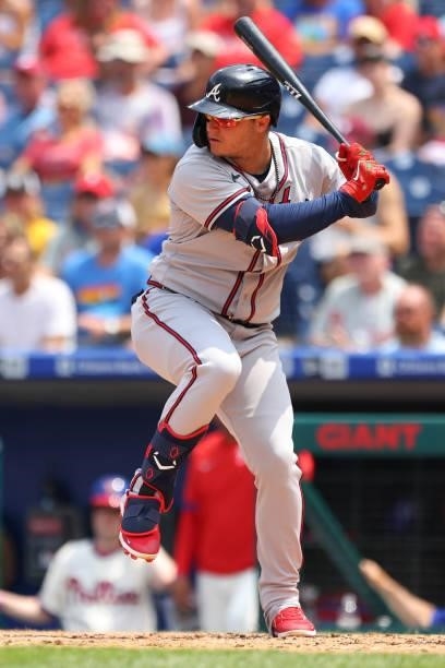 Joc Pederson of the Atlanta Braves in action against the Philadelphia Phillies during a game at Citizens Bank Park on July 25, 2021 in Philadelphia,...