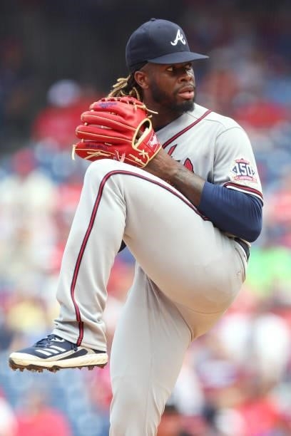 Touki Toussaint of the Atlanta Braves in action against the Philadelphia Phillies during a game at Citizens Bank Park on July 25, 2021 in...
