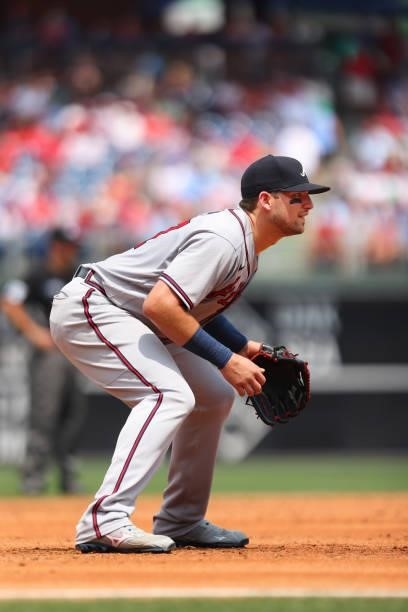 Austin Riley of the Atlanta Braves in action against the Philadelphia Phillies during a game at Citizens Bank Park on July 25, 2021 in Philadelphia,...