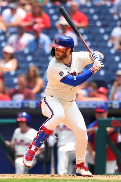 Bryce Harper of the Philadelphia Phillies in action against the Atlanta Braves during a game at Citizens Bank Park on July 25, 2021 in Philadelphia,...