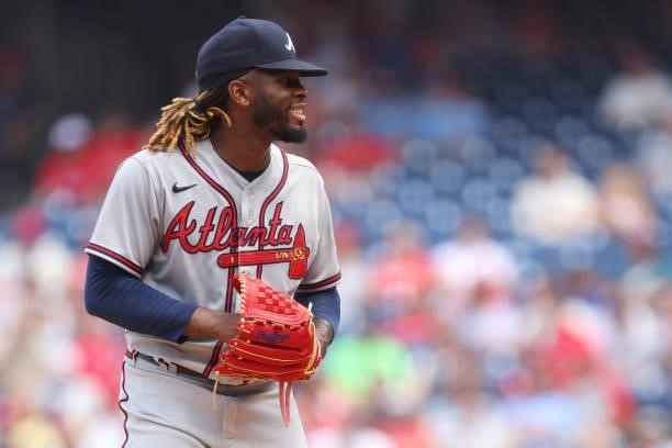 Touki Toussaint of the Atlanta Braves in action against the Philadelphia Phillies during a game at Citizens Bank Park on July 25, 2021 in...