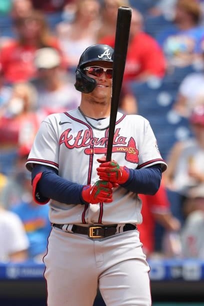 Joc Pederson of the Atlanta Braves in action against the Philadelphia Phillies during a game at Citizens Bank Park on July 25, 2021 in Philadelphia,...
