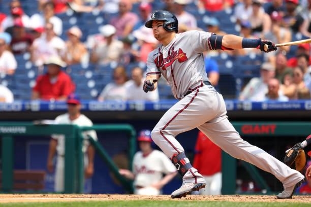 Austin Riley of the Atlanta Braves in action against the Philadelphia Phillies during a game at Citizens Bank Park on July 25, 2021 in Philadelphia,...
