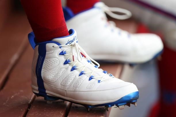 The Nike shoes worn by Andrew McCutchen of the Philadelphia Phillies in action against the Atlanta Braves during a game at Citizens Bank Park on July...