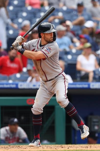 Dansby Swanson of the Atlanta Braves in action against the Philadelphia Phillies during a game at Citizens Bank Park on July 25, 2021 in...