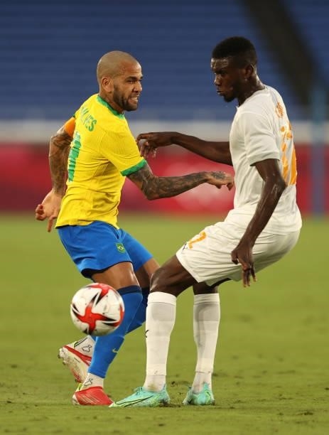 Dani Alves of Team Brazil with the ball during the Men's First Round Group D match on day two of the Tokyo 2020 Olympic Games at International...