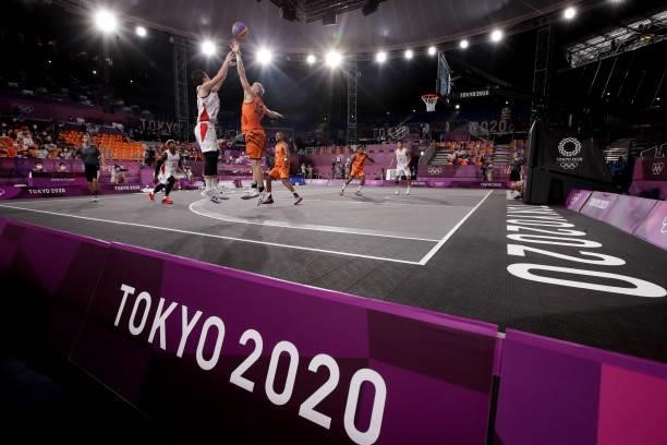 General overview with the court and the interior competing on Men's Pool Round during the Tokyo 2020 Olympic Games at the Aomi Urban Sports Park on...