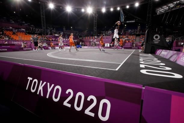 General overview with the court and the interior competing on Men's Pool Round during the Tokyo 2020 Olympic Games at the Aomi Urban Sports Park on...