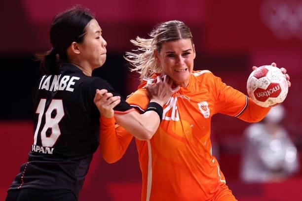 Angela Malestein of Team Netherlands challenged by Yuki Tanabe of Team Japan during the Women's Preliminary Round Group A match between Netherlands...