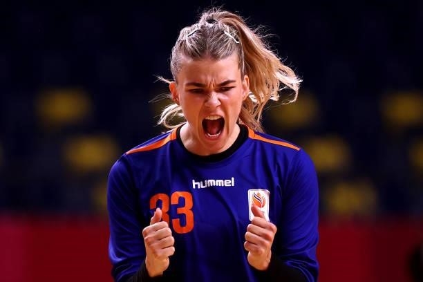 Goalkeeper, Tess Wester of Team Netherlands celebrates after her team scores during the Women's Preliminary Round Group A match between Netherlands...