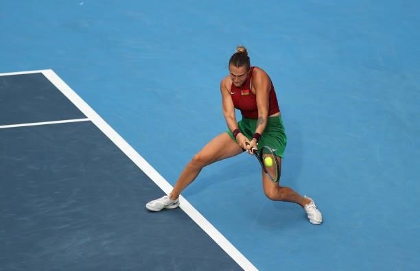 Aryna Sabalenka of Team Belarus plays a backhand during her Women's Singles Second Round match against Donna Vekic of Team Croatia on day three of...