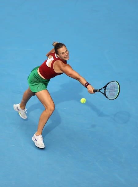 Aryna Sabalenka of Team Belarus plays a backhand during her Women's Singles Second Round match against Donna Vekic of Team Croatia on day three of...