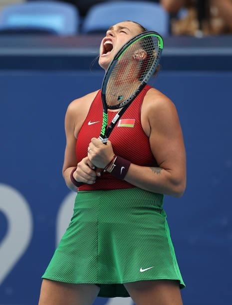 Aryna Sabalenka of Team Belarus reacts after a point during her Women's Singles Second Round match against Donna Vekic of Team Croatia on day three...